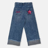 OM Pink Stars Golden Button Floded Bottom Wide Leg Blue Denim 12958
